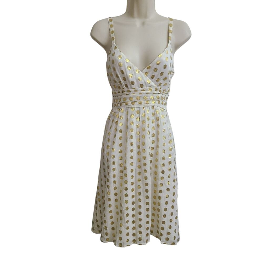White Gold Polka Dot Dress Sleeveless Empire Waist Fit & Flare Party Size 8